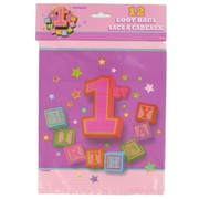 Loot Bags 1st Birthday Blocks Pink Pk12 