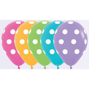 12cm Latex Balloons White Polka Dots Assorted Colours Pk10