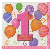 1st Birthday Party Napkins - Lunch Balloons Pink Pk16 