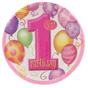 Pink 1st Birthday Party Plates - Small 17cm Balloons Pk8 