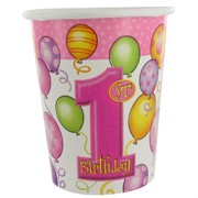 1st Birthday Party Cups - 9oz Balloons Pink Pk8 