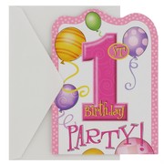 Invitations 1st Birthday Balloons Pink Pk8 
