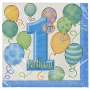 1st Birthday Party Napkins - Lunch Blue Balloons Pk16 