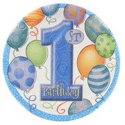 Blue 1st Birthday Party Plates - Small 17cm Balloons Pk8 