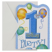 Invitations 1st Birthday Balloons Blue Pk8 