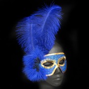 Blue & Gold Masquerade Mask With Blue Feathers Pk 1 
