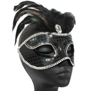 Black Masquerade Mask With Silver Trim & Black Feathers Pk 1 
