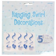 Baby Shower Blue Carriage and Feet Hanging Swirl Decorations Pk5 