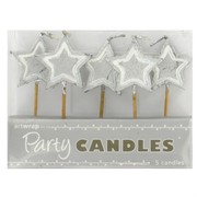 Silver Stars Party Candles Pk5 