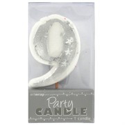 Party Candle #9 Silver Stars Pk1 