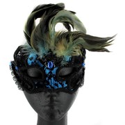 Black & Blue Lace Masquerade Mask With Feathers Pk 1 