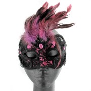 Black & Pink Lace Masquerade Mask With Feathers Pk 1 