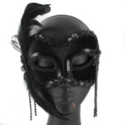 Black Masquerade Mask With Bow & Feathers Pk 1 