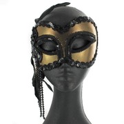 Black & Gold Masquerade Mask With Beads & Feather Pk 1 