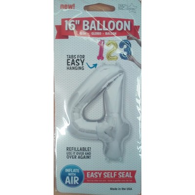 Small Silver Number 4 16in. Foil Balloon Pk 1 (Air Inflation Only / Stick & Cup Not Included)
