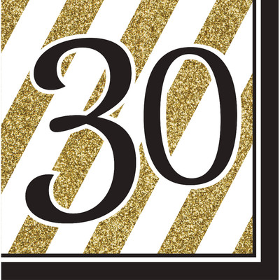 Black & Gold '30' 3 Ply Lunch Napkins Pk 16