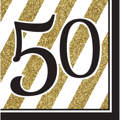 Black & Gold '50' 3 Ply Lunch Napkins Pk 16