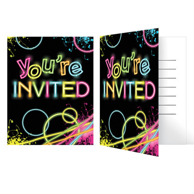 Glow Party Theme Invitations Pk 8 (Blue Envelopes Included)