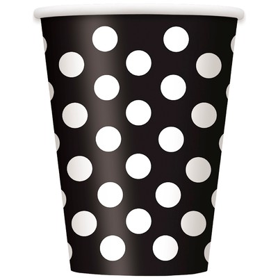Black 12oz Paper Cups with White Polka Dots Pk 6 