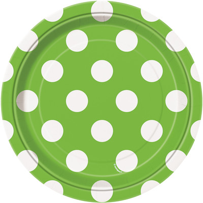 Lime Green 7in Paper Plates with White Polka Dots Pk 8 
