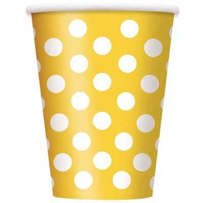 Yellow Paper Cups with White Polka Dots 12oz Pk 6
