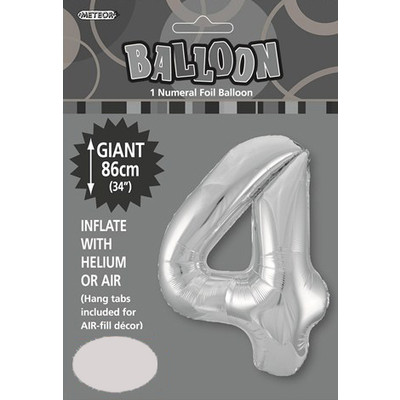 Silver Number 4 Supershape Foil Balloon (34in/86cm) Pk 1
