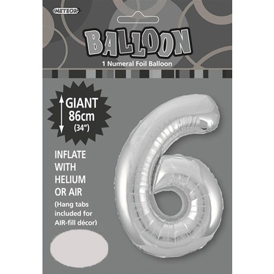 Silver Number 6 Supershape Foil Balloon (34in/86cm) Pk 1