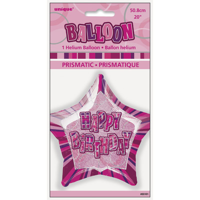 20in Glitz Pink & Silver Star Happy Birthday Foil Balloon Pk 1