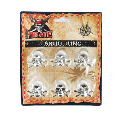 Party Favours - Silver Pirate Skull Rings Pk 6