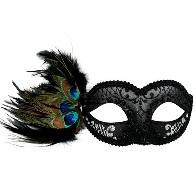 Black & Silver Masquerade Mask with Peacock Feathers - Adrianna Pk 1 