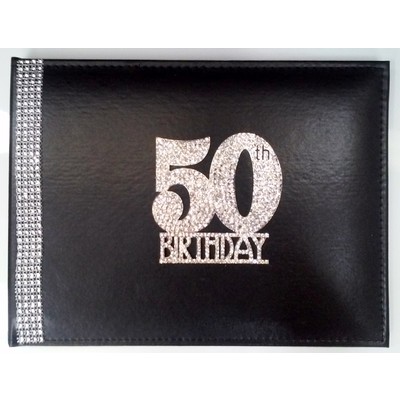 50th Birthday Black Leather Guest Book with Diamantes Pk 1