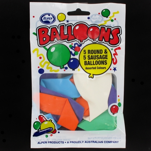 Sausage & Round Balloons Pk10 (Assorted Colours) Alpen
