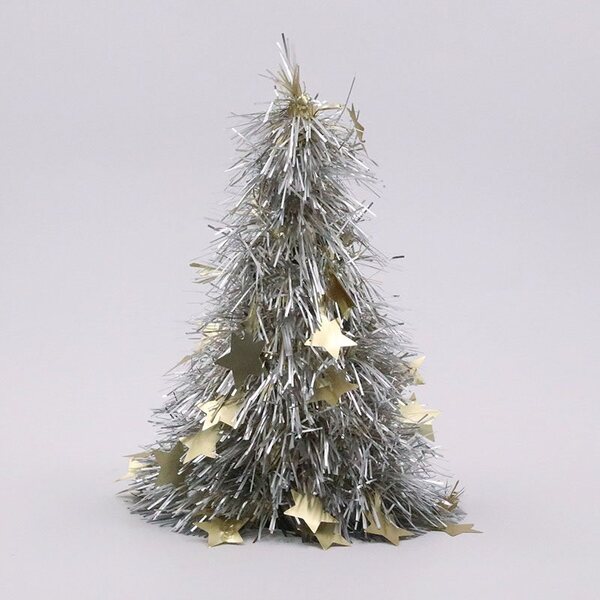 Silver Gold Tinsel Christmas Cone Tree with Stars Decoration (26cm