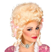 Women's Colonial Blonde Wig | Historical Costume Wig with Ringlets & Pink Bows