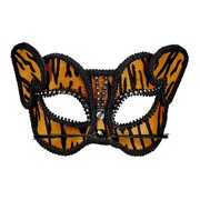 Tiger Stripe Cat Eye Mask with Ears & Adjustable Whiskers | Diamante Costume Mask