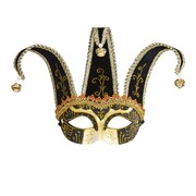 Black & Gold Jester Masquerade Eye Mask with Bells | Glitter Costume Mask