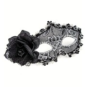 Black & Silver Floral Masquerade Mask with Black Rose | Venetian Costume Mask