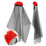 Day of the Dead Red Roses & Black Veil Headband - Halloween Costume Accessory