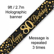 80th Birthday Black and Gold Sparkling Fizz Foil Banner 2.7m Pk 1
