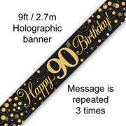 90th Birthday Black and Gold Sparkling Fizz Foil Banner 2.7m Pk 1 