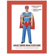 Adult Beer Man Costume S/M │Beer Superhero Jumpsuit Hat Belt Cape Mens