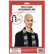 Bald Villain Costume Set | Bald Cap Nose & Black Silver Scarf Fancy Dress Kit