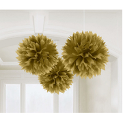 Metallic Gold Fluffy Hanging Pom Pom Decorations 40.64cm (Pk 3)