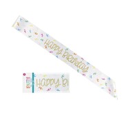 White Happy Birthday Fabric Sash - Metallic Gold Script Adult Birthday Party Accessory