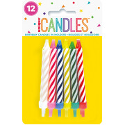 Multi Colour Spiral Cake Candles with Holders (Pk 12)