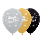 Happy New Year AOP Assorted Metallic 30cm Latex Balloons Pk 12