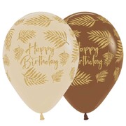 Happy Birthday Palm Leaf Latex Balloons 30cm Pack of 12 | Latte & Gold Glitter Tropical Balloons