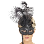 Black Feather Baroque Fantasy Masquerade Eye Mask on Stick