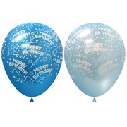 Metallic & Pearl Blues Happy Birthday AOP 30cm Latex Balloons Pk 50