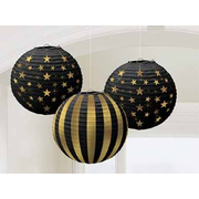 Black & Gold Glitz Round Paper Lanterns 24.1cm (Pk 3)